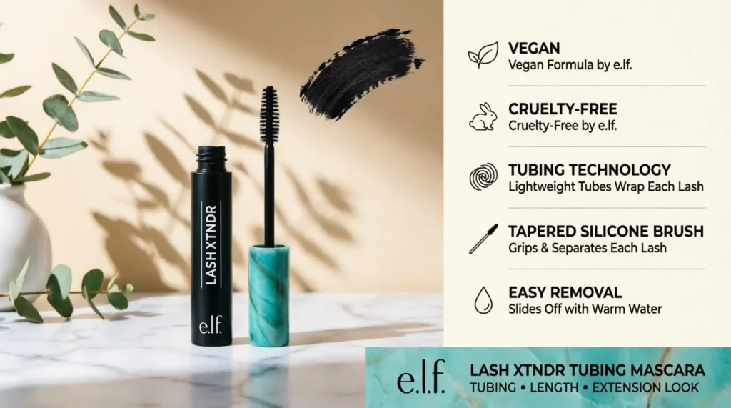 e.l.f. Lash XTNDR Tubing Mascara: vegan, cruelty-free, dramatic length, warm-water removal.