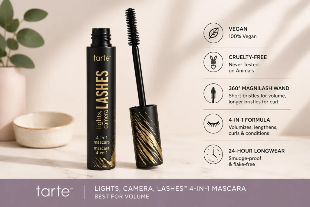 Tarte Lights, Camera, Lashes 4-in-1 Mascara: vegan, cruelty-free, volume, length & curl.