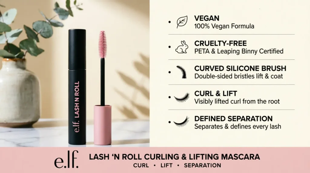 e.l.f. Lash 'N Roll Mascara: vegan, cruelty-free, curl & lift with curved silicone brush.