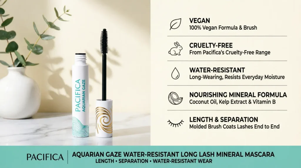Pacifica Aquarian Gaze Mascara: vegan, cruelty-free, water-resistant length & separation.