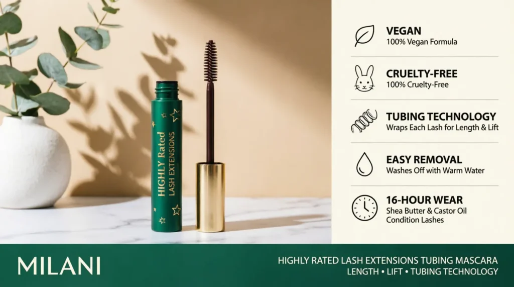 Milani Highly Rated Lash Extensions Mascara: vegan, cruelty-free tubing, 16-hour wear.