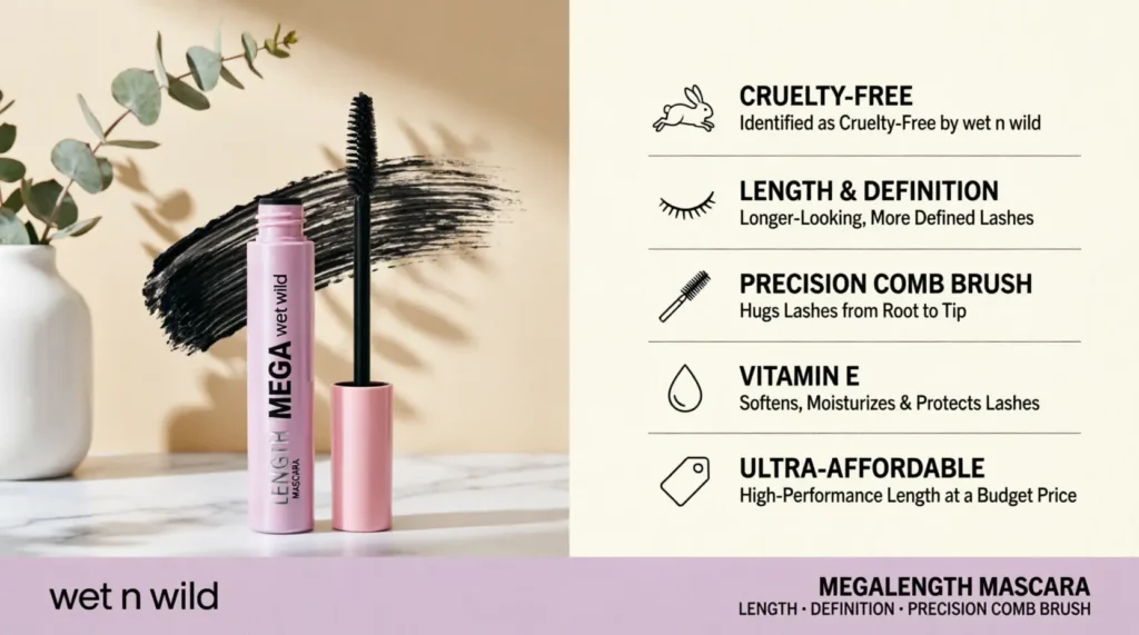 wet n wild MegaLength Mascara: cruelty-free length & definition, precision comb brush.