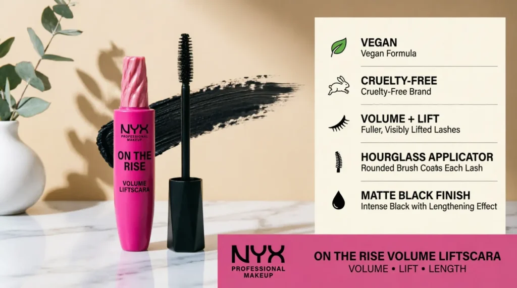 NYX On The Rise Volume Liftscara: vegan, cruelty-free volume & lift, matte black.